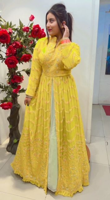 BRIGHT YELLOW FRONT CUT LONG GEORGETTE DRESS WITH MINT GREEN SKIRT