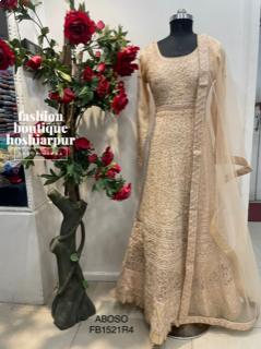 LIGHT GOLDEN FULL JARKAN WORKED LONG DRESS WITH NET DUPATTA