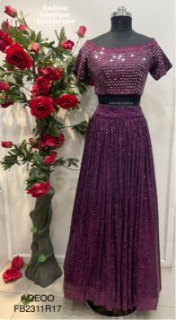 PURPLE SHIMMER LEHENGA WITH FULL SEQUIN AND OFF-SHOULDER BLOUSE WITH MORROR WORK