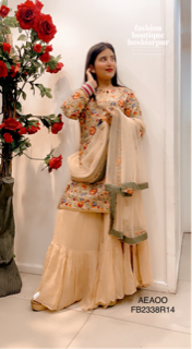 BEIGE COLOURED SHARARA WITH MULTI COLOURED THREAD WORKED SHIRT WITH BEAUTIFUL NECK DESIGNER AND HEAVY NET DUPATTA