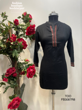 BLACK COTTON KURTI WITH RED SEQUIN ON NECK