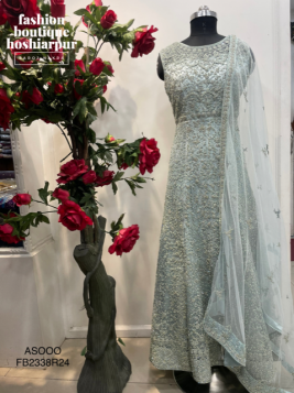 LIGHT BLUE NET DRESS ON ALL HEAVY JARKAN EMBROIDERY WITH NET DUPATTA