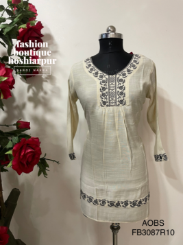 OFF-WHITE COTTON KURTI WITH BLACK THREAD EMBROIDERY ON NECK