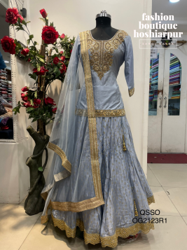 SILK LEHNGA CHOLI IN GRAY COLOR WITH NET DUPATTA AND HAND EMBROIDERY ON SHIRT