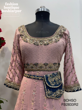 BABY PINK GEORGETTE LONG DRESS IN LAKHNAVI STYLE WITH CONTRAST NAVY BLUE HEAVY DUPATTA