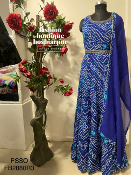 BLUE BANDHNI STYLE GEORGETTE LONG DRESS WITH DUPATTA