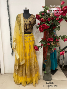 YELLOW NET LEHNGA WITH CONTRAST VELVET BLOUSE AND NEEMZARI WORK