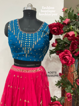 HOT PINK GEORGETTE LEHNGA WITH WITH CONTRAST BLUE BLOUSE WITH MIROR AND STONE WORK