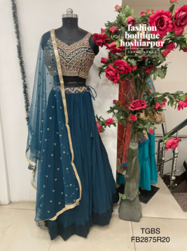 PEACOCK BLUE GEORGETTE LEHNGA WITH MIRROR, THREADAND STONE WORKED