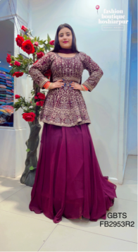 WINE PEPLUM THREAD WORKED GEORGETTE DRESS WITH SKIRT DUPATTA