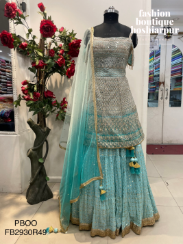 SKY BLUE FULL HEAVY EMBROIDERED LEHNGA WITH DESIGNER PEPLUM AND NET DUPATTA