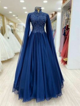 Floor length high neck lace beaded elegant gown