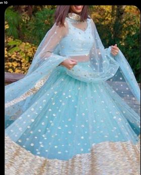 Sky blue net lehenga choli for reception