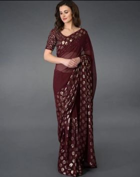 Burgundy french chiffon brocade saree with raw silk embroidered blouse