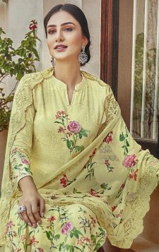 PURE MUSLINE COTTON DIGITAL PRINT SUIT LIGHT YELLOW COLOR 