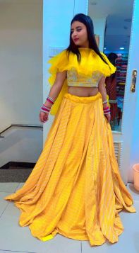 BEAUTIFULL YELLOW PRINTED LEHNGA WITH PEARL WORKED BLOUSE