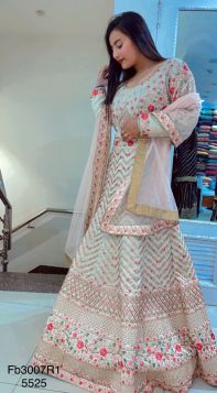 CREAM COLOR LONG DRESS ON ALL THREAD WORK EMBROIDERY WITH NET DUPATTA