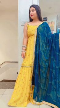 YELLOW PEPLUM STYLE WITH CONTRAST DUPATTA IN CHINON FABRIC