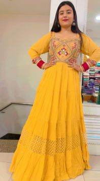 YELLOW GEORGETTE  LONG DRESS WITH PAJAMI AND DUPATTA 