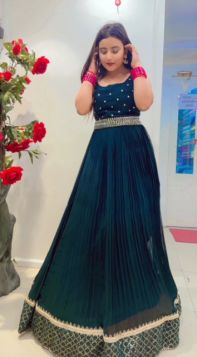 BOTTLE GREEN MIRROR WORKED LONG DRESS WITH NET DUPATTA