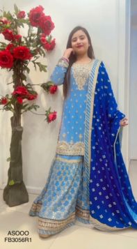 DARK GRAY FULL EMBROIDERED SHIRT+ BLUE SHARARA AND HEAVY DUPATTA