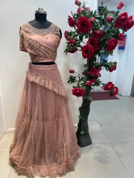 LIGHT PEACH DESIGNER NET LEHNGA WITH BLOUSE WITH PEARL WORK