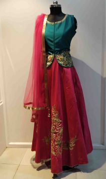 Kurti style blouse lehenga with flower embroidery