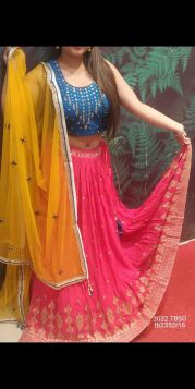 PINK BLUE LEHENGA CHOLI WITH YELLOW DUPATTA