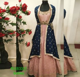 FULL EMBROIDERED BABY PINK LONG DRESS WITH DARK BLUE DESIGNER DUPATTA