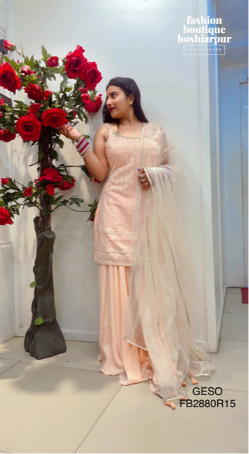 A VERY ELEGANT LIGHT PEACH LAKHNAVI STYLE FULL THREAD WORK PLAZO SUITWITH NET DUPATTA