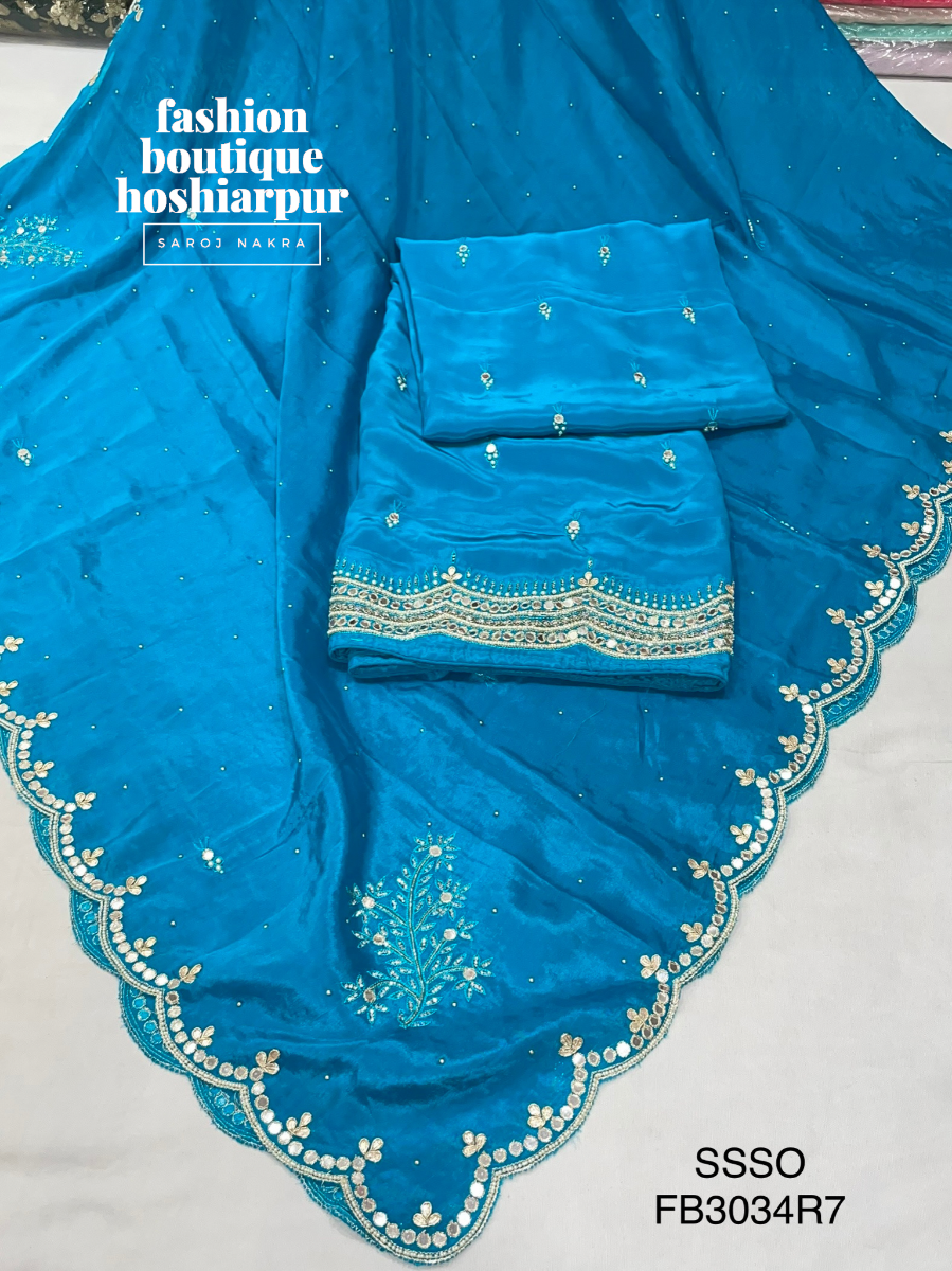 UNSTITCH SILK SUIT IN FEROZI COLOR WITH GOTTA AND MIRROR WORK