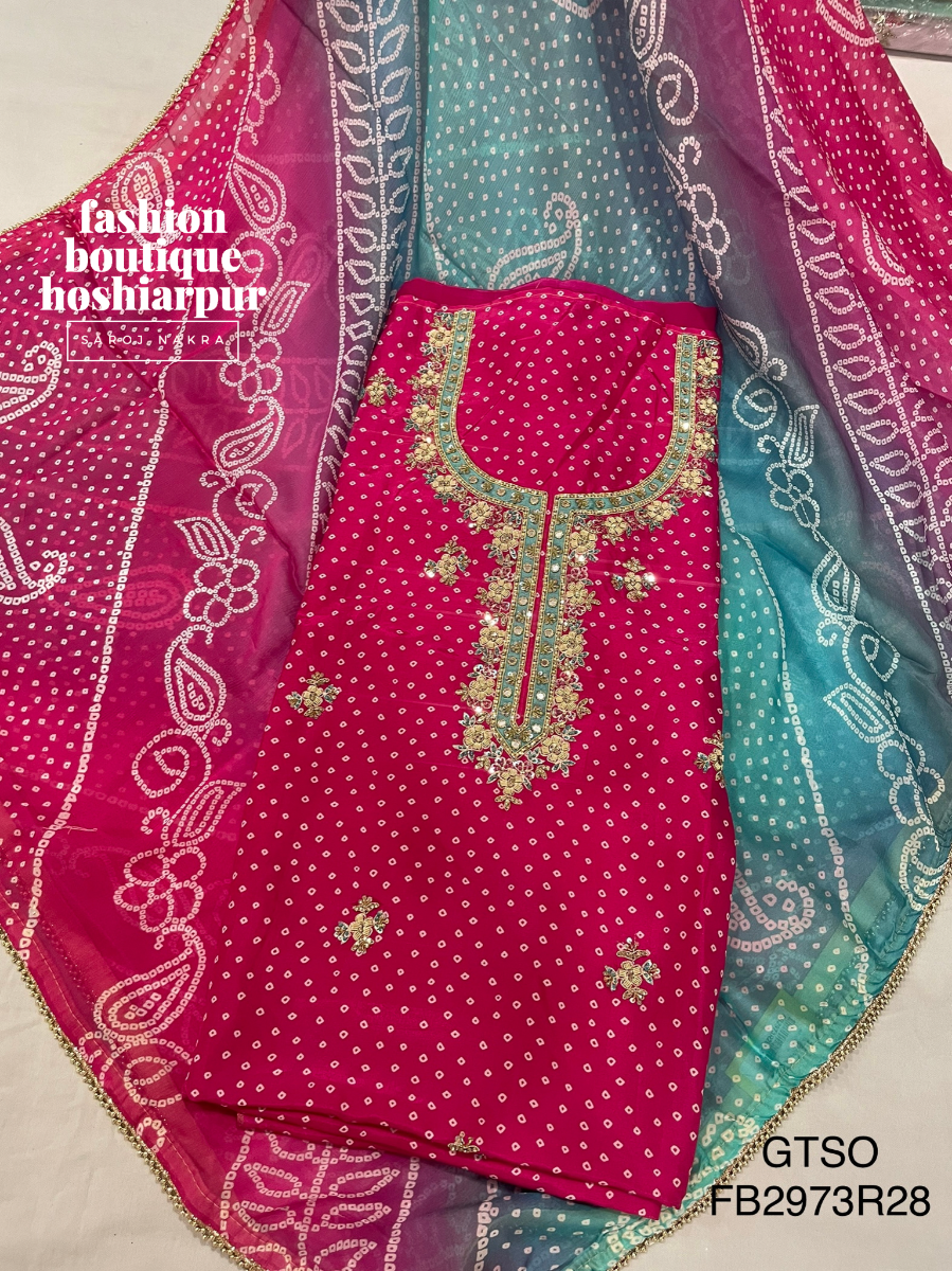 HOT PINK CREPE BANDHANI PRINTED SUIT WITH HAND EMBROIDERY
