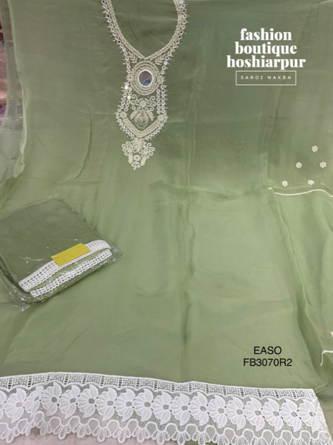 PISTA GREEN ORGANZA UN STITCHED SUIT WITH PEARL EMBROIDERY ON NECK AND SLEEVES