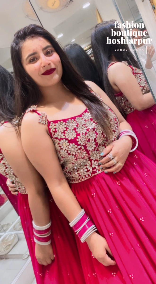 HOT PINK LONG GEORGETTE DRESS WITH HEAVY NET DUPATTA