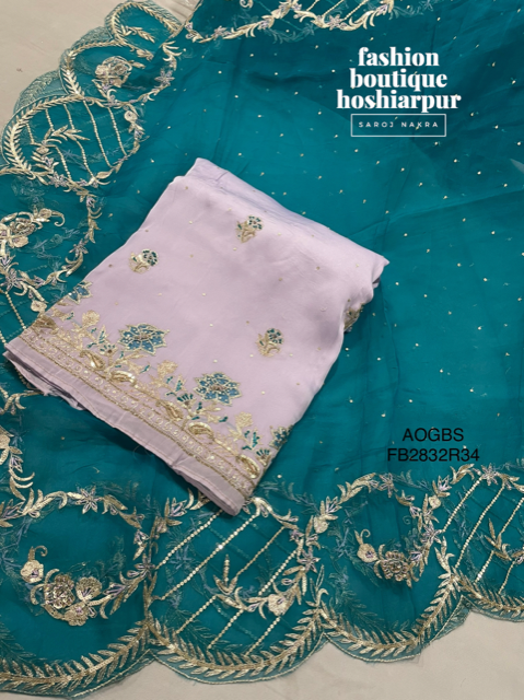 PARTY WEAR UNSTITCH ORGANZA SUIT IN LAVENDER COLOR WITH CONTRAST FEROZI DUPATTA