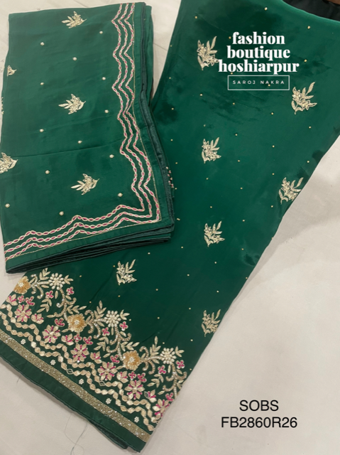 BOTTLE GREEN PARTY WEAR UNSTITCH SUIT WITH PEARL, GOTTA PATTI, SEQUIN, THREAD AND CUT DANA EMBROIDERY