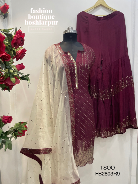 WINE GEORGETTE SHARARA WITH SEMI-STITCHED SHIRT AND DUPATTA