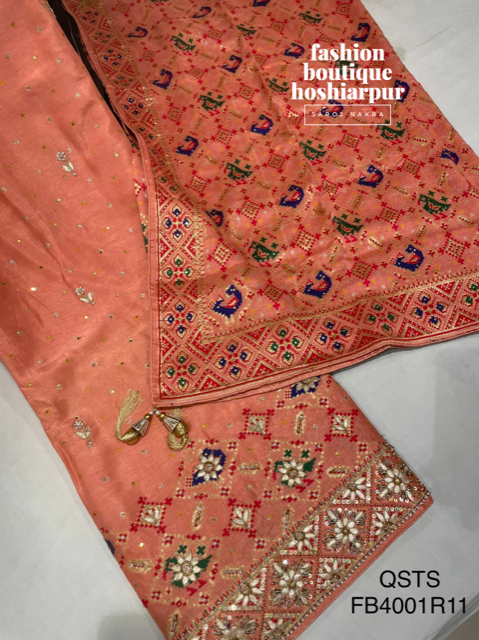 KHADI SILK UNSTITCH PEACH SUIT ON PEARL+GOTTA PATTI WORK AND PHULKARI STYLE DUPATTA