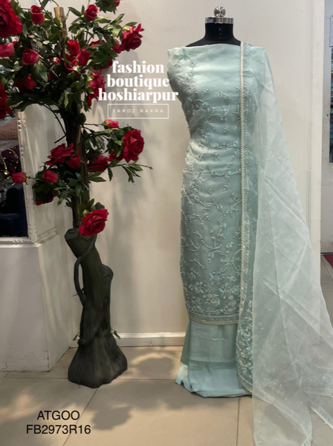 LIGHT BLUE ORGANZA UNSTITCH SUIT WITH PEARL EMBROIDERY