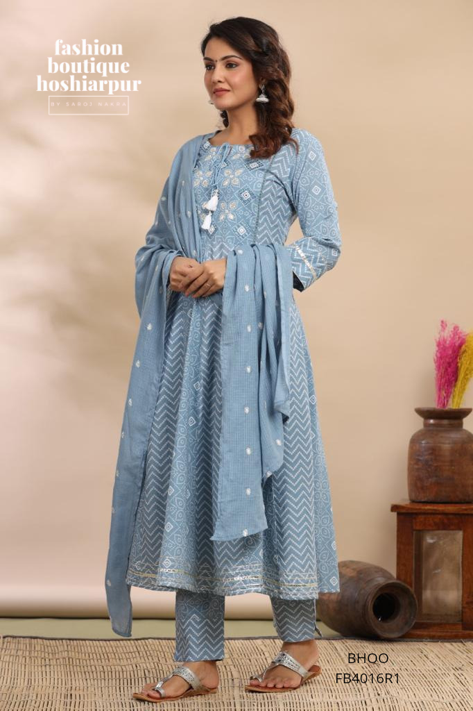 BANDHANI STYLE PRINTED COTTON FROCK SUIT WITH TROUSER AND DUPATTA