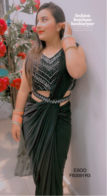 BLACK LYCRA SAREE WITH EMBROIDERED BLOUSE