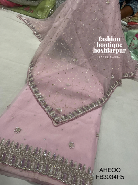 BABY PINK PARTY WEAR ORGANZA UNSTITCH SUIT WITH STONE, SEQUIN, PEARL, CUT DANA WORK ORGANZA DUPATTA