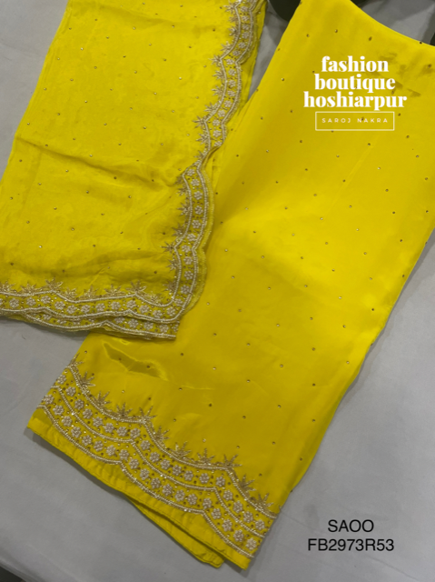 BRIGHT YELLOW PARTY WEAR SILK SUIT WITH PEARL WORK