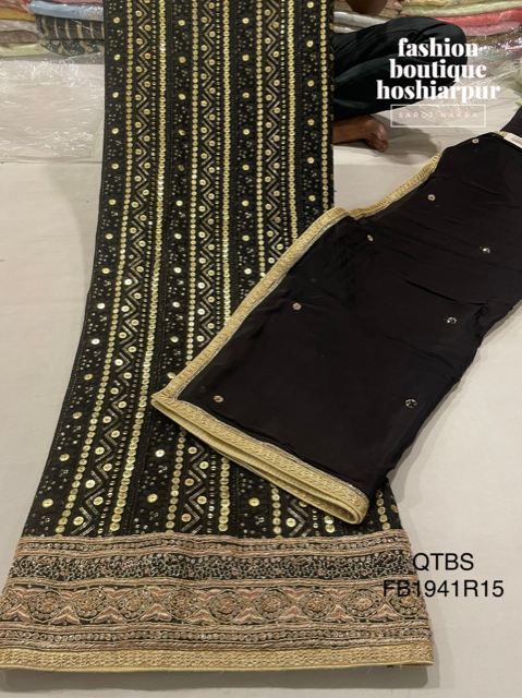 BLACK GEORGETTE UNSTITCH DESIGNER SUIT WITH SEQUIN + THREAD WORK LAKHNAVI STYLE