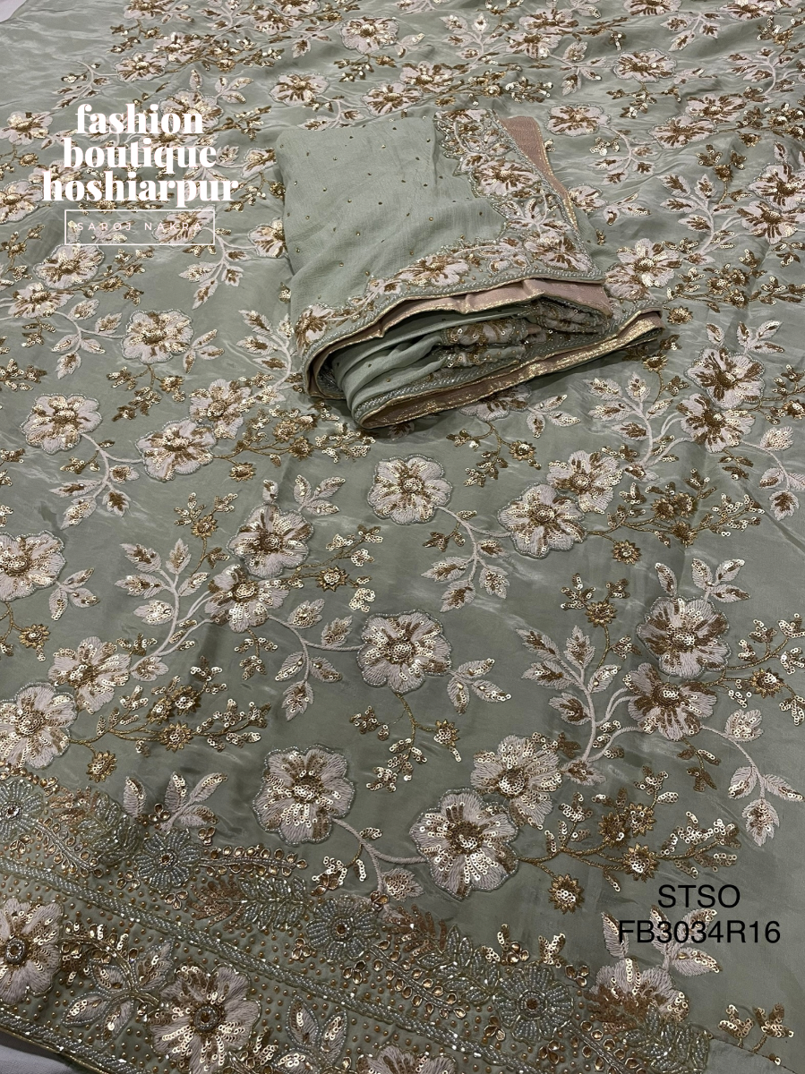 PISTA GREEN FULL HEAVY EMBROIDERED UNSTITCH PATYY WEAR SUIT