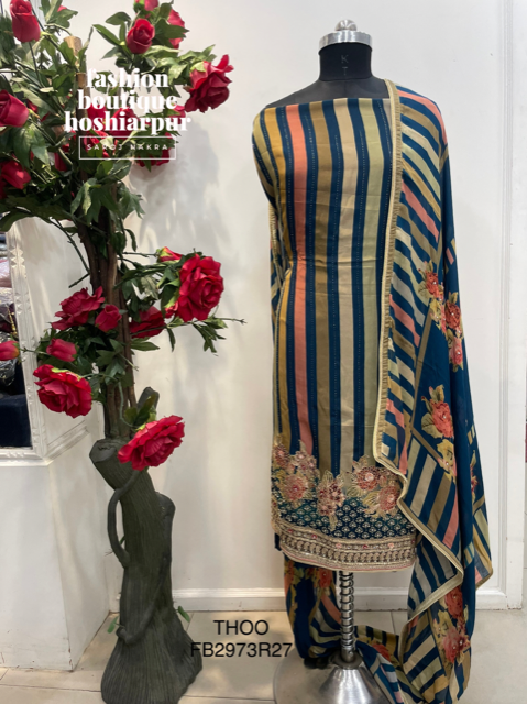 BLUE UNSTITCH SUIT WITH LINING DESIGNING AND EMBROIDERY ON BORDER