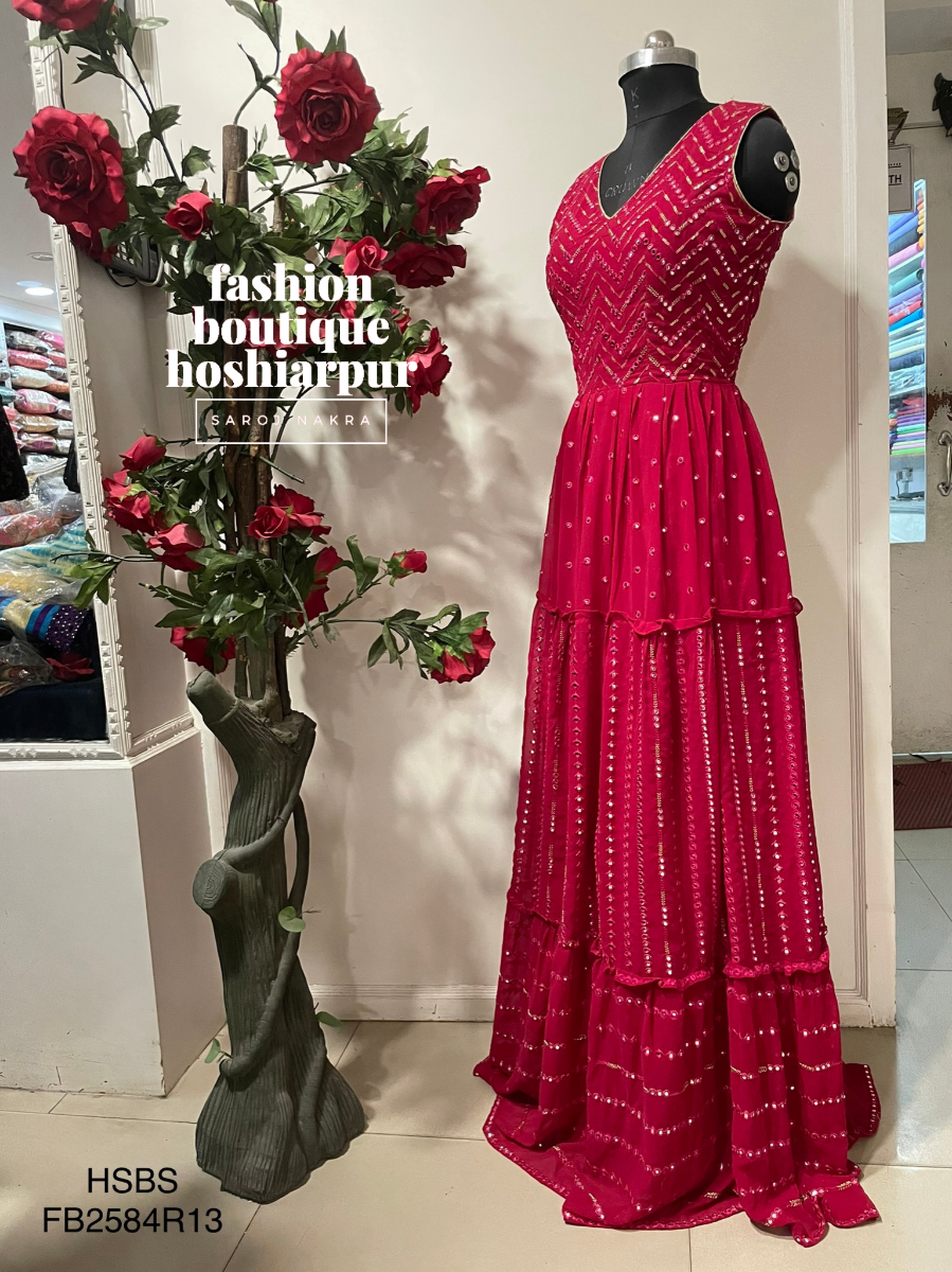 HOT PINK LONG GEORGETTE DRESS SEQUIN WORKED WITH NET DUPATTA