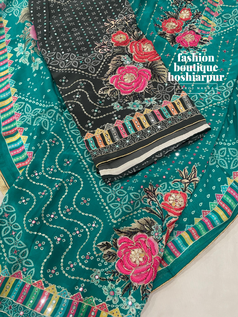 SEA GREEN BANDHANI PRINTED UNSTITCHED CREPE SUIT WITH GOTTA PATTI WORKED