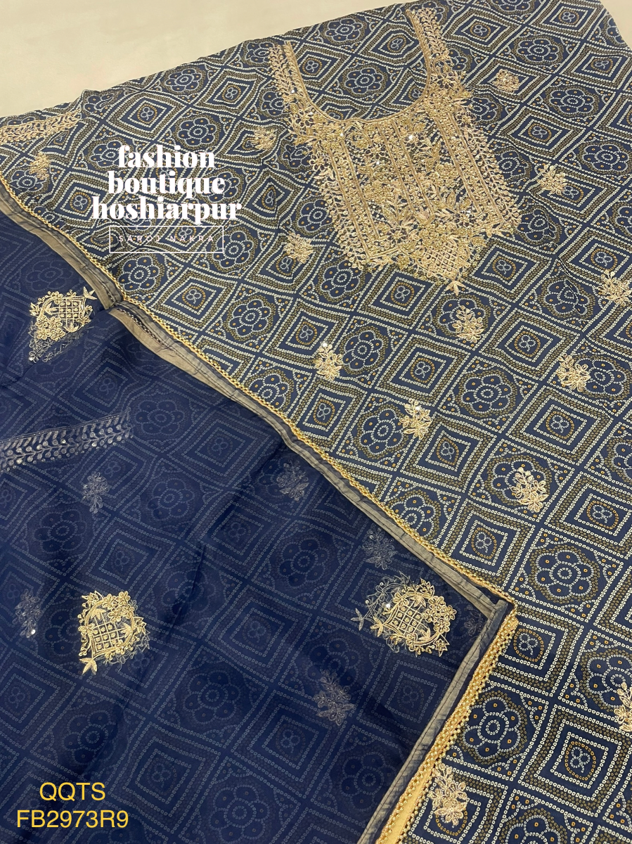 NAVY BLUE BANDHANI PRINTED WITH HAND EMBROIDERY AND ORGANZA DUPATTA