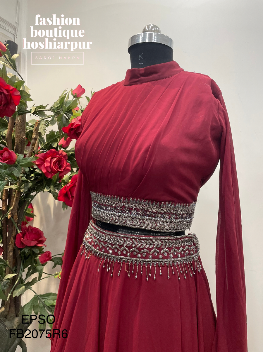 DARK MAROON LEHNGA WITH DESIGNER BLOUSE IN GEORGETTE FABRIC